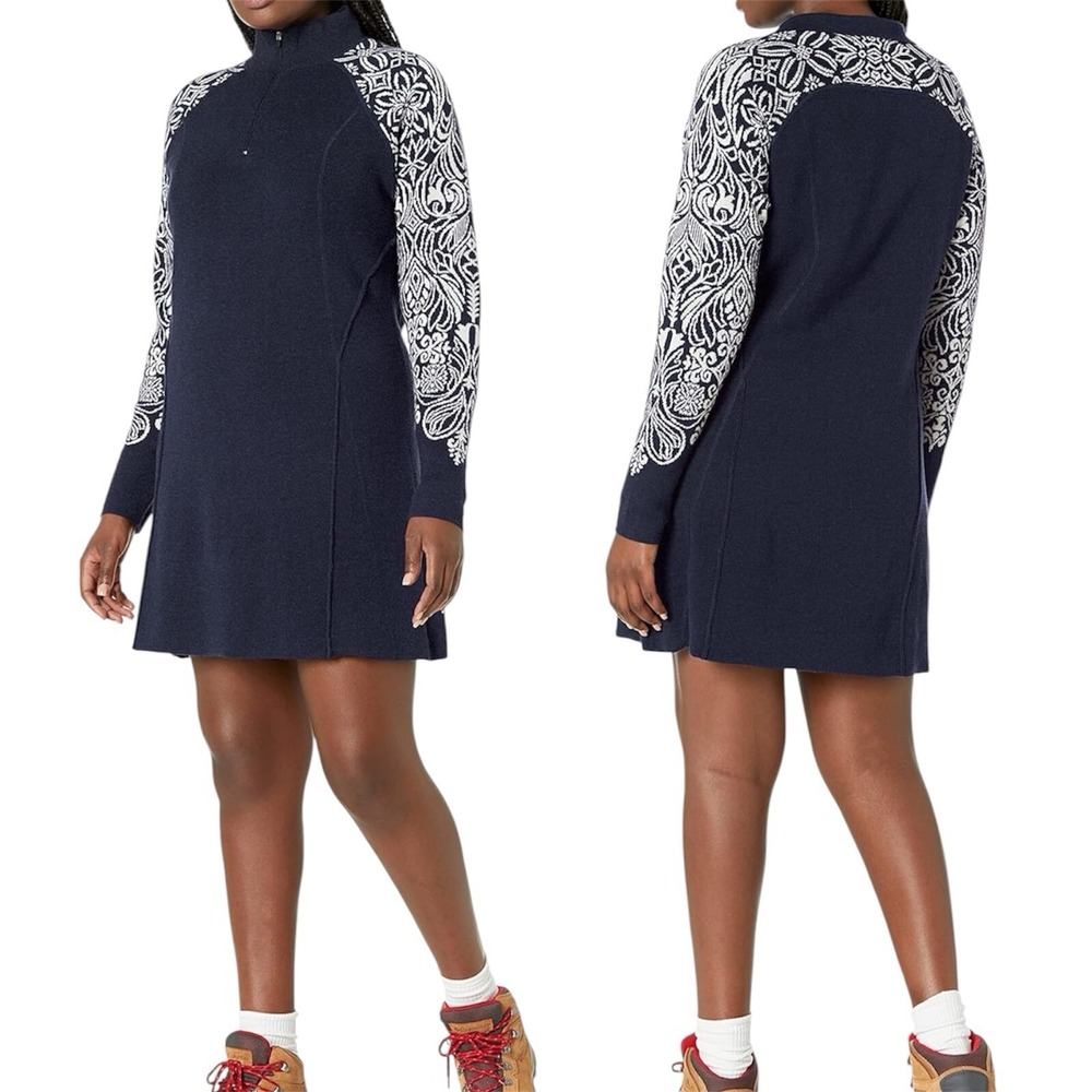 Aventura Merino Wool Cotton Blend Quarter Zip Sweater Dress Navy Blue Nordic M